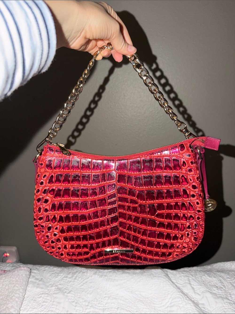 Brahmin Red Croc-Embossed Shoulder Bag with Gold Chain